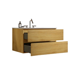 TIA 36" Wall Mount  Natural Oak Bathroom Vanity with Ceramic Sink with three faucet holes, Large Storage Floating Bathroom Vanity for Modern Bathroom, Pre-assembled