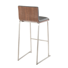 Mason Mara 30" Contemporary Fixed-Height Barstool in Stainless Steel, Walnut Wood and Grey Faux Leather by LumiSource - Set of 2