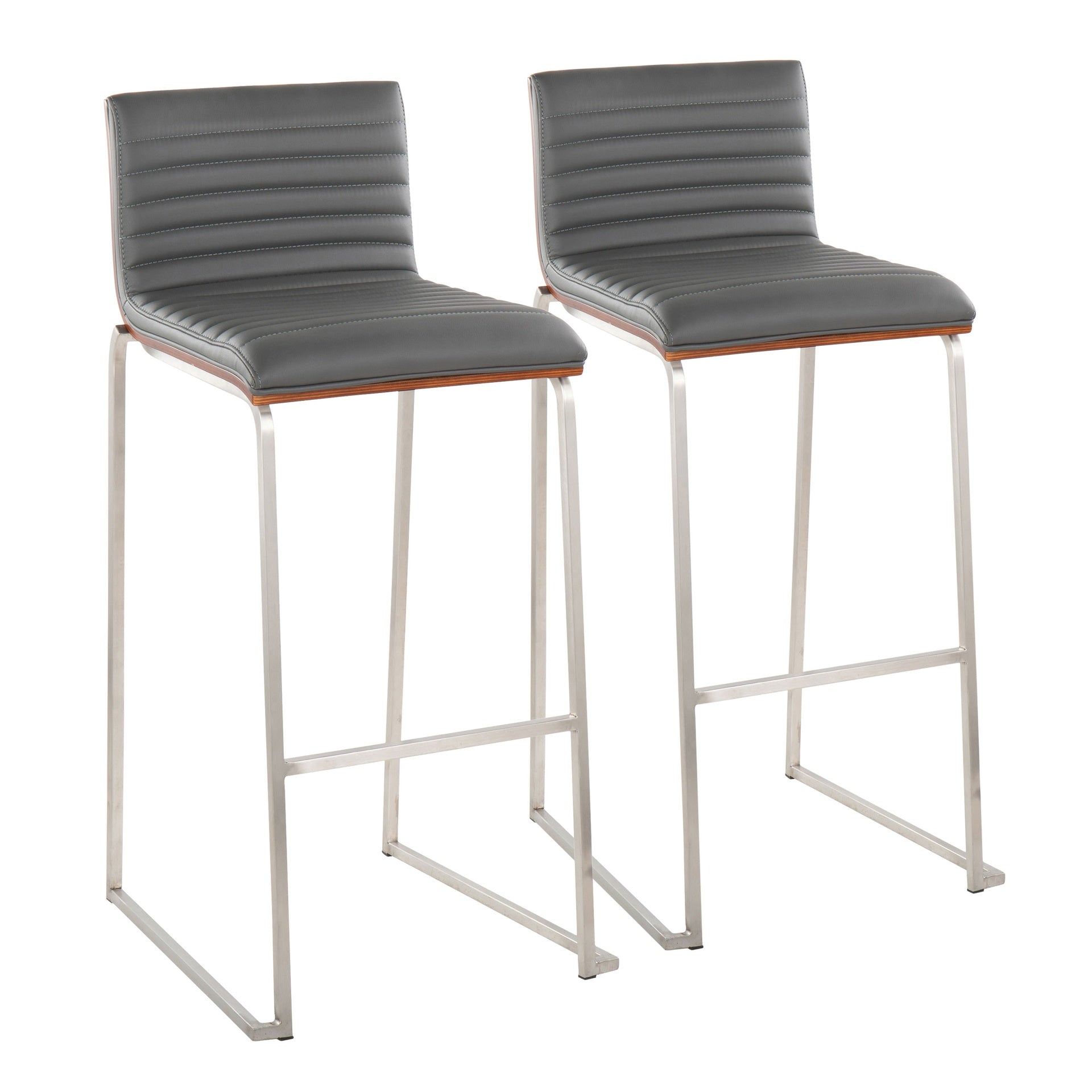 Mason Mara 30" Contemporary Fixed-Height Barstool in Stainless Steel, Walnut Wood and Grey Faux Leather by LumiSource - Set of 2