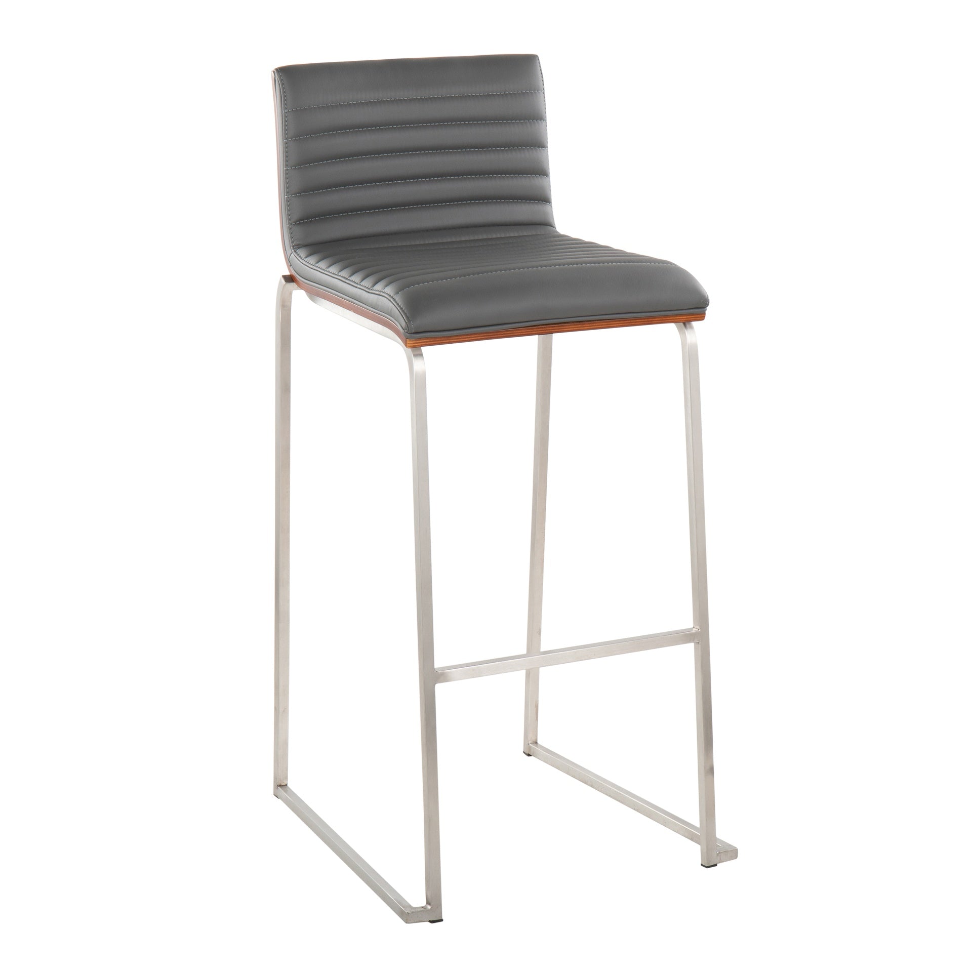 Mason Mara 30" Contemporary Fixed-Height Barstool in Stainless Steel, Walnut Wood and Grey Faux Leather by LumiSource - Set of 2