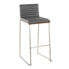 Mason Mara 30" Contemporary Fixed-Height Barstool in Stainless Steel, Walnut Wood and Grey Faux Leather by LumiSource - Set of 2