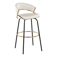 Jie 30" Fixed-Height Contemporary Barstool with Swivel in Gold Metal and White Faux Leather with Black Metal Legs and Round Gold Metal Footrest by LumiSource - Set of 2