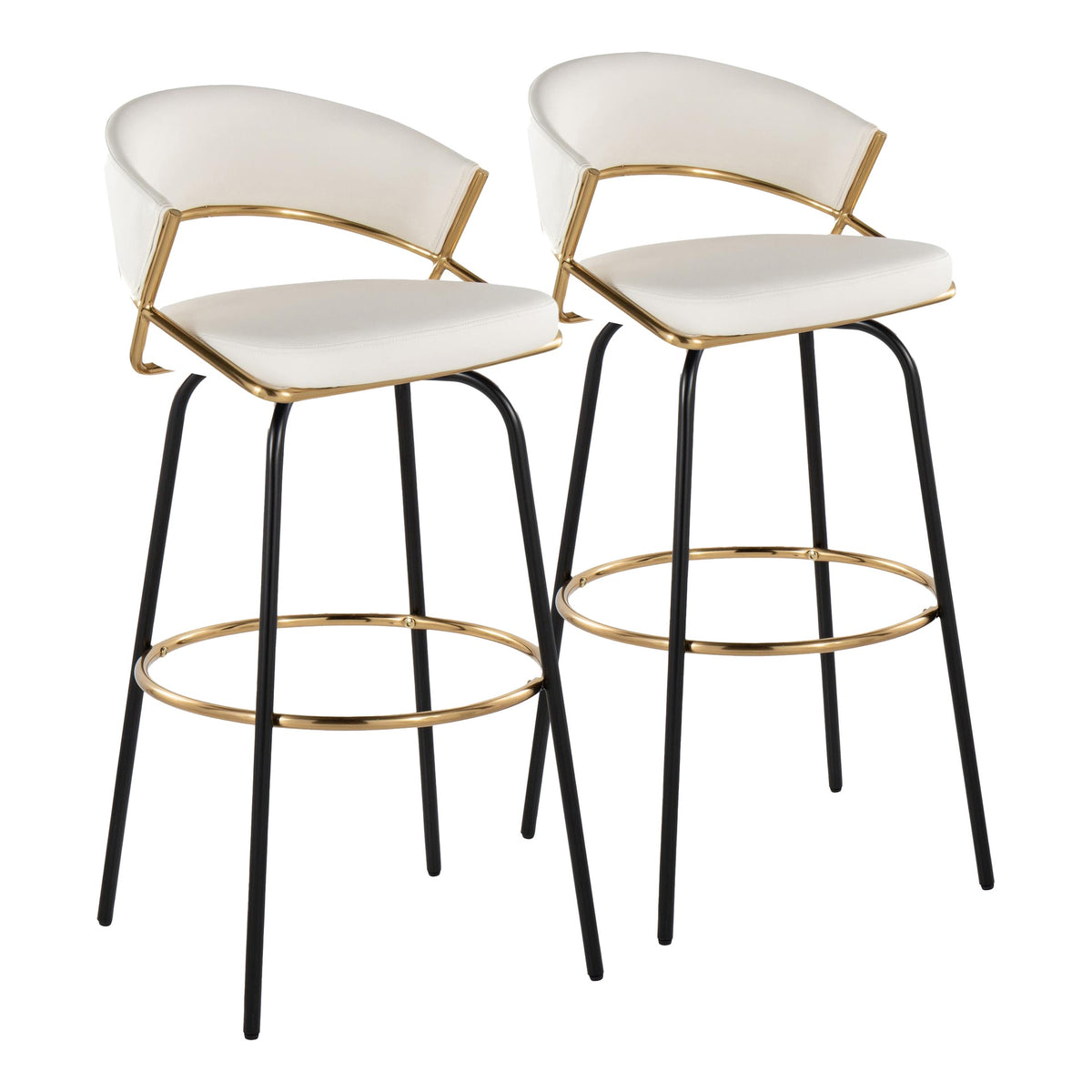Jie 30" Fixed-Height Contemporary Barstool with Swivel in Gold Metal and White Faux Leather with Black Metal Legs and Round Gold Metal Footrest by LumiSource - Set of 2