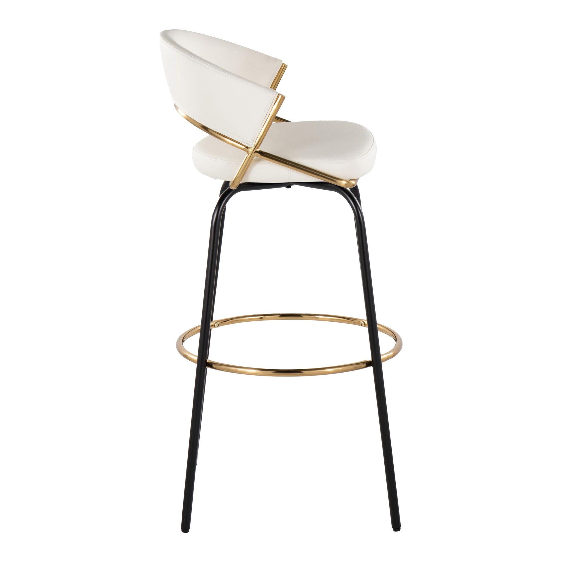 Jie 30" Fixed-Height Contemporary Barstool with Swivel in Gold Metal and White Faux Leather with Black Metal Legs and Round Gold Metal Footrest by LumiSource - Set of 2
