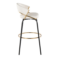 Jie 30" Fixed-Height Contemporary Barstool with Swivel in Gold Metal and White Faux Leather with Black Metal Legs and Round Gold Metal Footrest by LumiSource - Set of 2