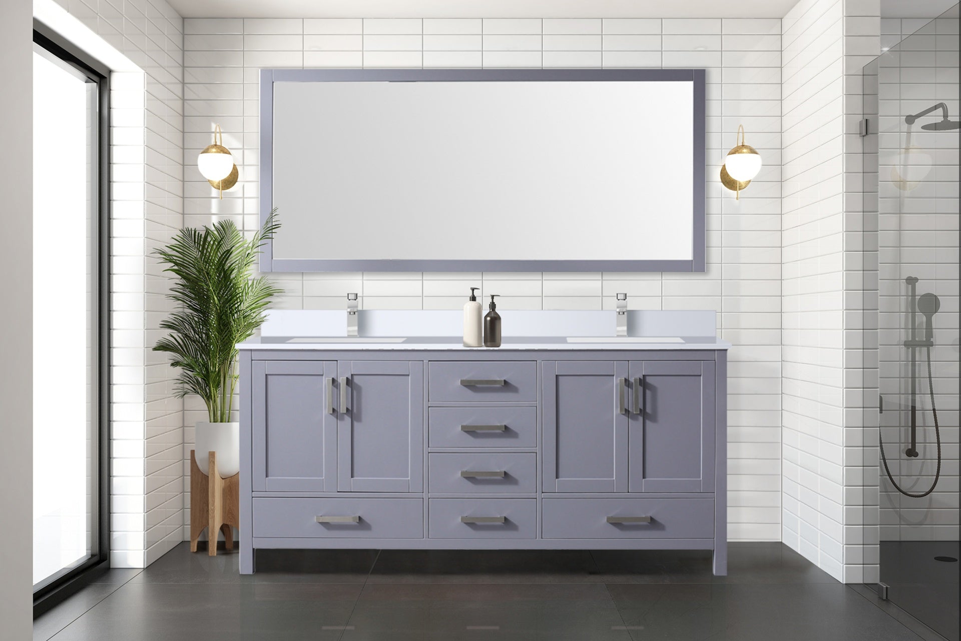 Dark Grey Double Bath Vanity 72 in. W x 22 in. D, White Quartz Top, and Faucet Set