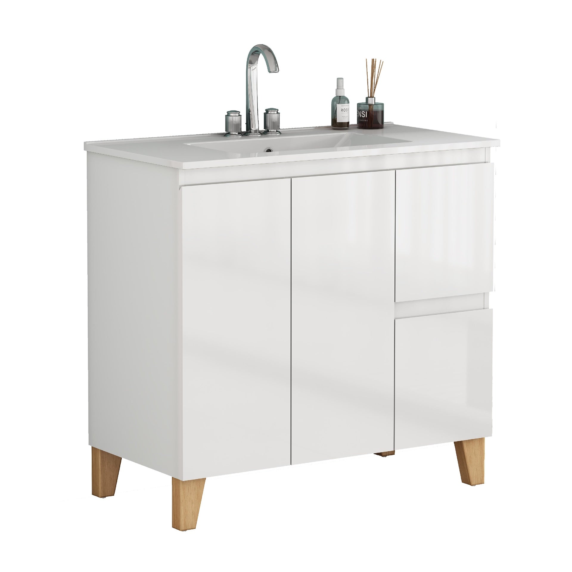 36-Inch Modern Bathroom Vanity With 3 Holes Sink Combo, 2 Doors and 2 Big Drawer, Soft-Clost System,Handle-Free Design,Natural Solid Wood Feet,Ceramic Basin,Adjust Shelf,Easy Assemble,Glossy White