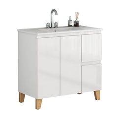 36-Inch Modern Bathroom Vanity With 3 Holes Sink Combo, 2 Doors and 2 Big Drawer, Soft-Clost System,Handle-Free Design,Natural Solid Wood Feet,Ceramic Basin,Adjust Shelf,Easy Assemble,Glossy White