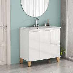 36-Inch Modern Bathroom Vanity With 3 Holes Sink Combo, 2 Doors and 2 Big Drawer, Soft-Clost System,Handle-Free Design,Natural Solid Wood Feet,Ceramic Basin,Adjust Shelf,Easy Assemble,Glossy White