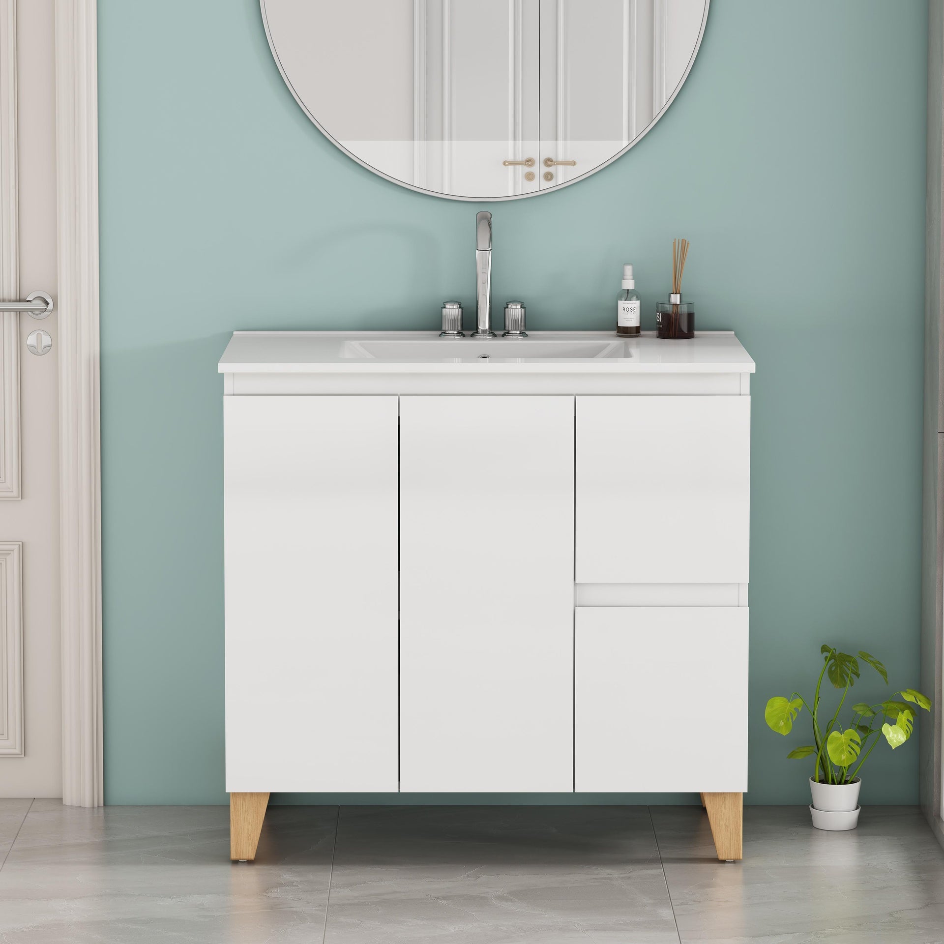 36-Inch Modern Bathroom Vanity With 3 Holes Sink Combo, 2 Doors and 2 Big Drawer, Soft-Clost System,Handle-Free Design,Natural Solid Wood Feet,Ceramic Basin,Adjust Shelf,Easy Assemble,Glossy White