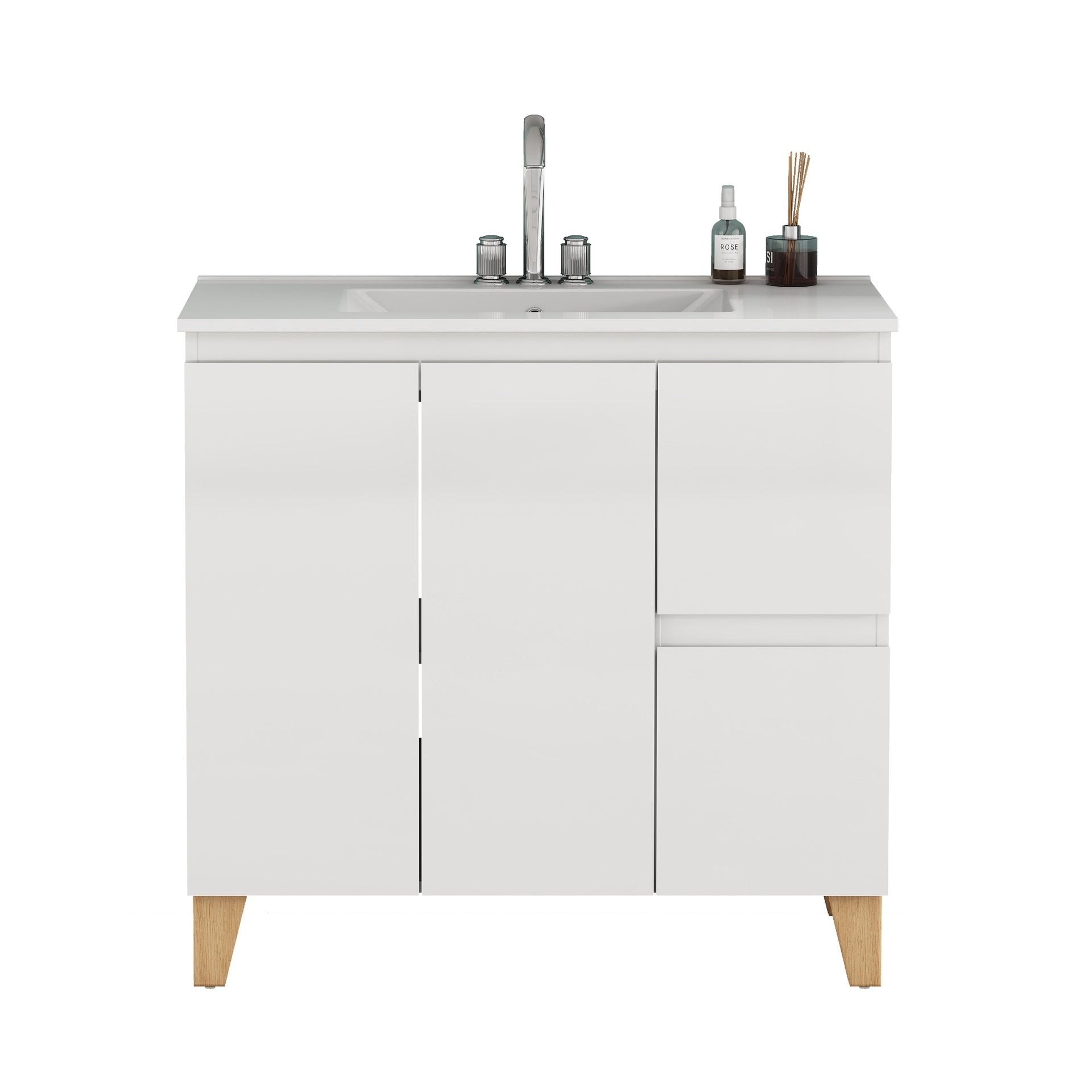 36-Inch Modern Bathroom Vanity With 3 Holes Sink Combo, 2 Doors and 2 Big Drawer, Soft-Clost System,Handle-Free Design,Natural Solid Wood Feet,Ceramic Basin,Adjust Shelf,Easy Assemble,Glossy White