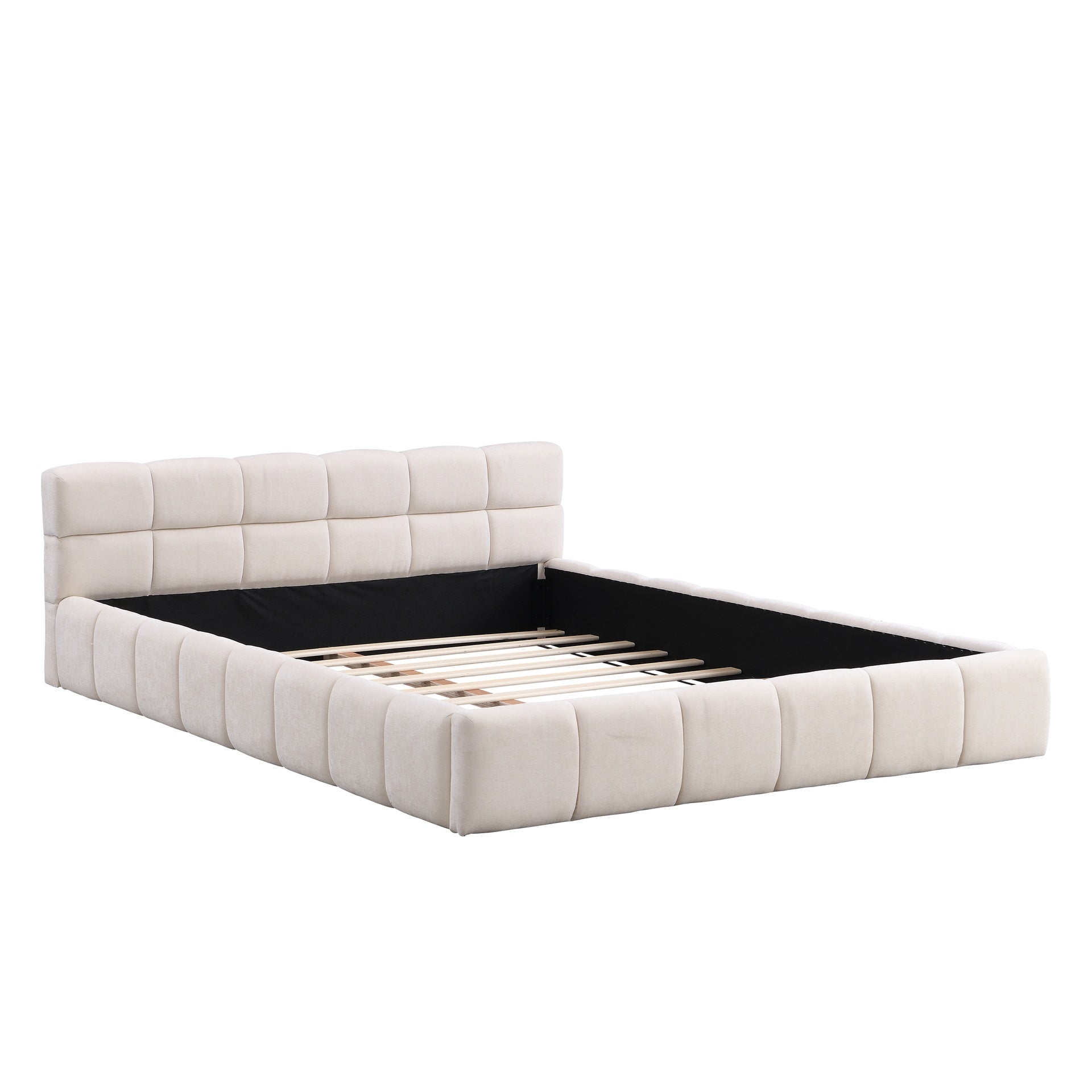 Elegant Beige Chenille Upholstered Bed with Checkerboard Design, Queen, Beige