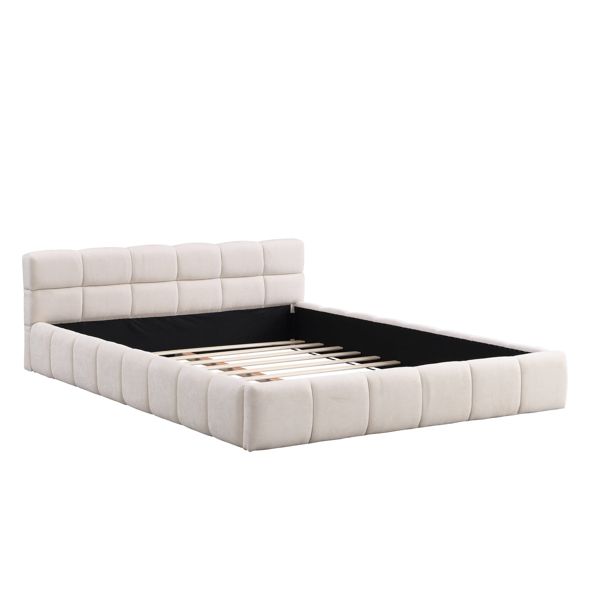 Elegant Beige Chenille Upholstered Bed with Checkerboard Design, Queen, Beige