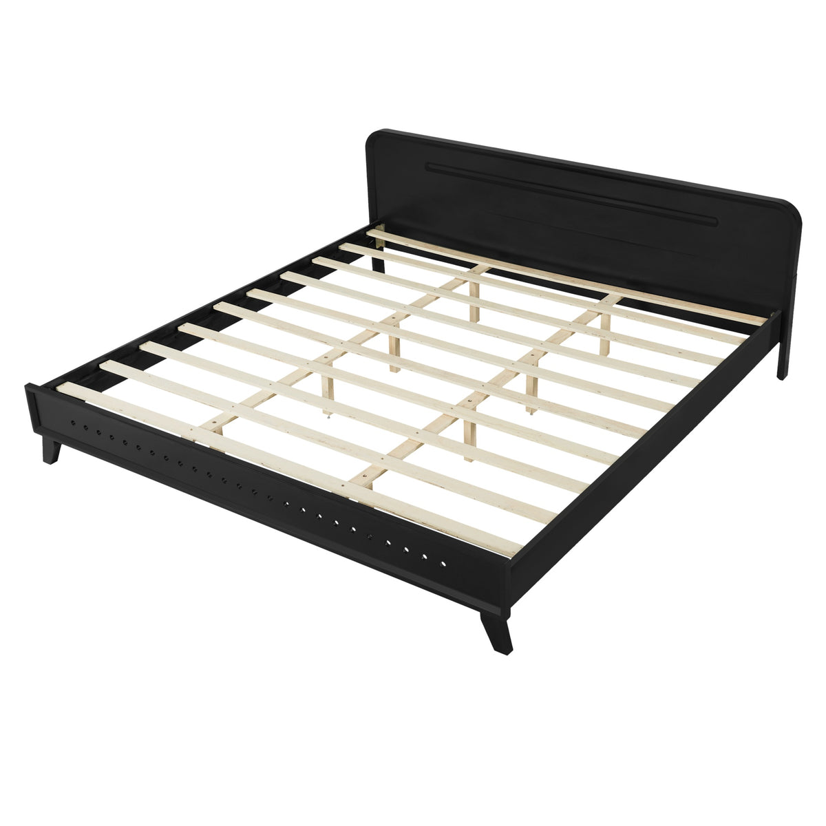 PINE SOLID WOOD KING SIZE BED, SOLID AND STABLE, NO BOX SPRING NEEDED, BLACK COLOR