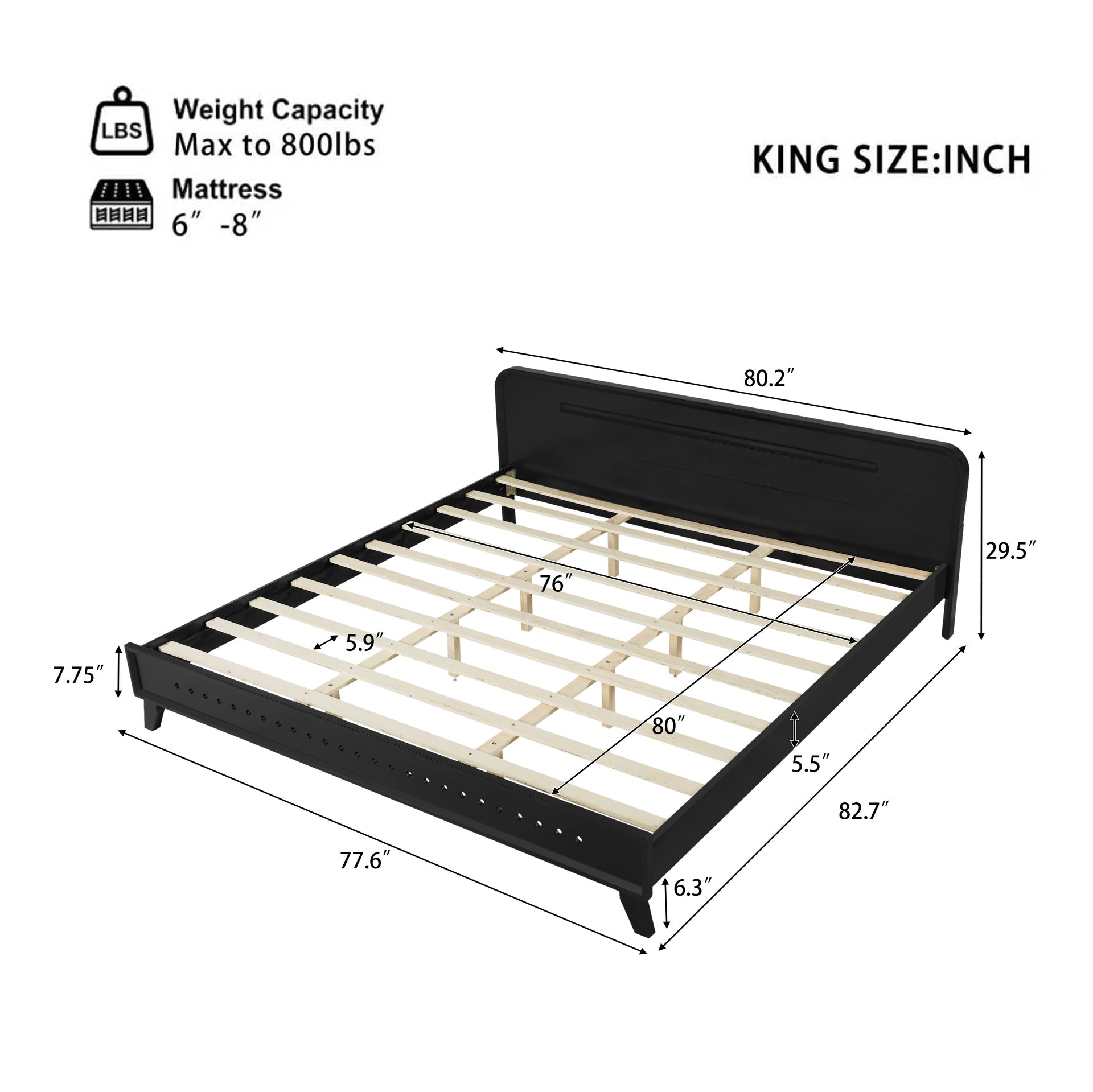 PINE SOLID WOOD KING SIZE BED, SOLID AND STABLE, NO BOX SPRING NEEDED, BLACK COLOR