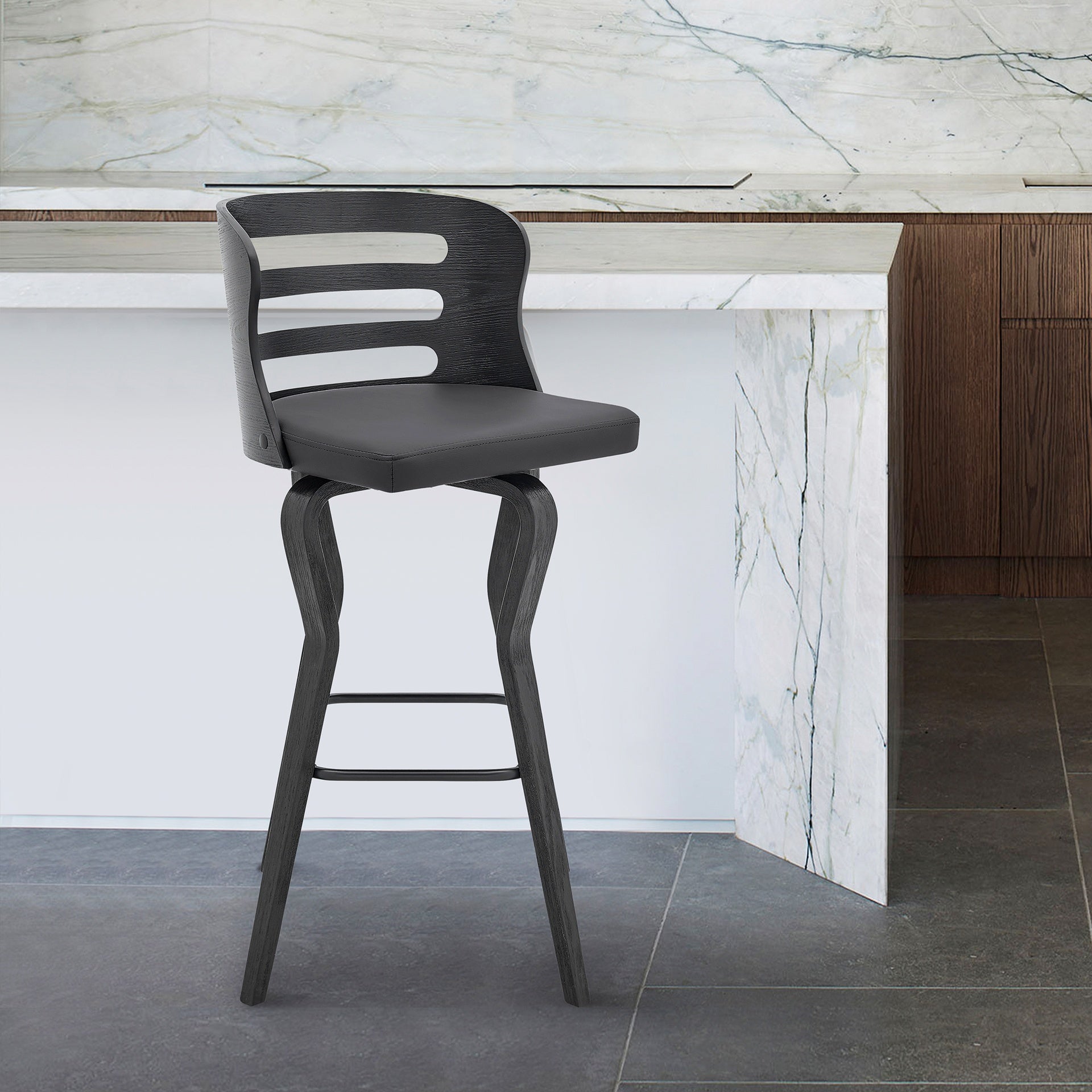 Lusera 30" Swivel Gray Faux Leather and Black Wood Bar Stool