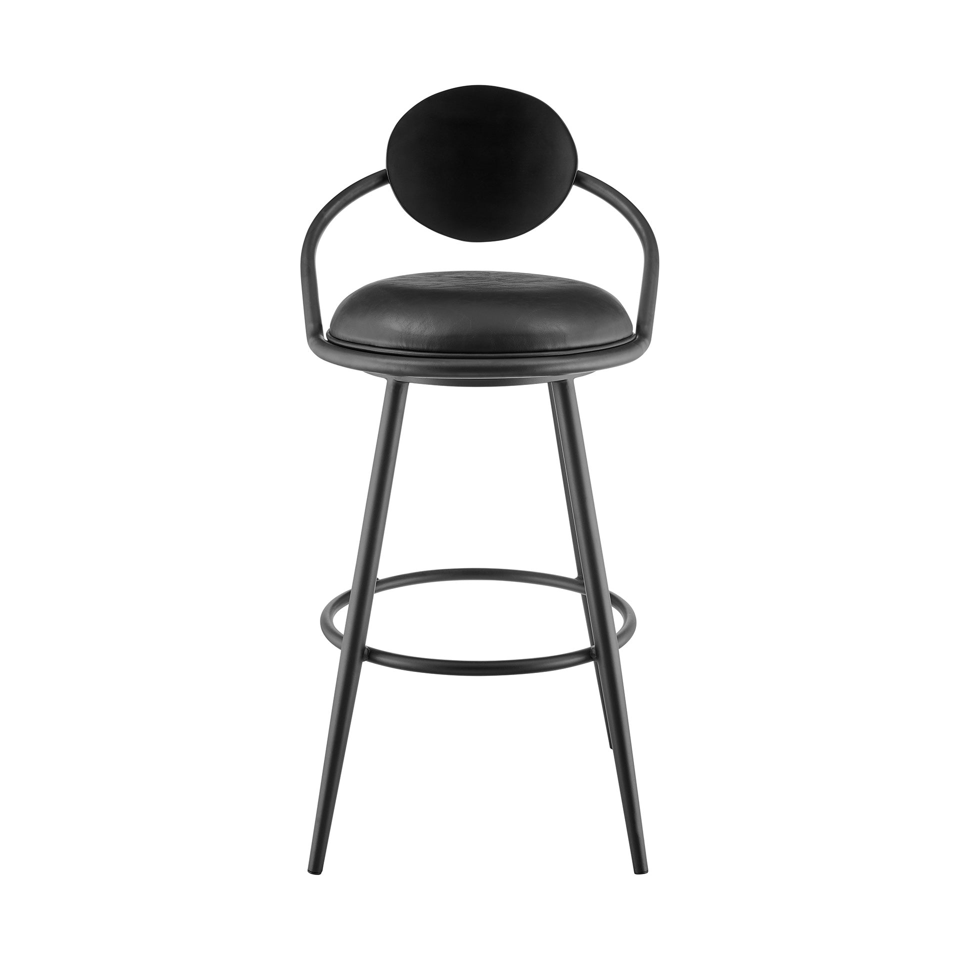Carnation 30" Swivel Bar Stool in Black Iron with Vintage Black Faux Leather and Black Wood Back
