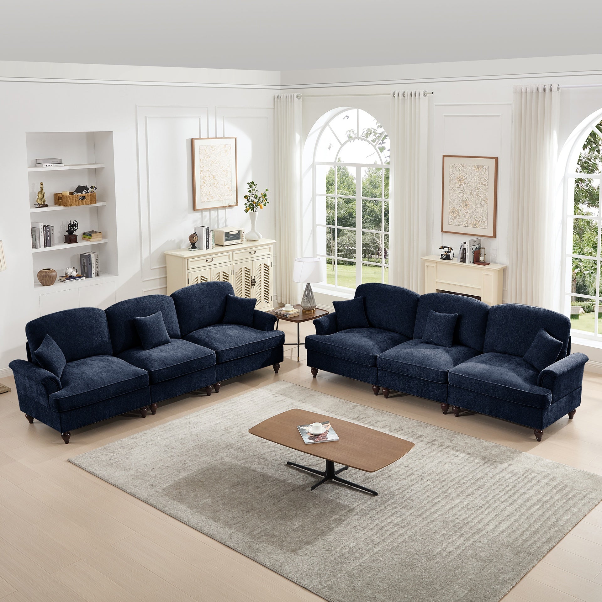 Classic Sleeper Sofa Couch with Flared Arms and Removable Ruffles Pleats Skirts and Spindle Legs, Comfy Modular Sectional Chenille Deep Seat Cloud Sofa Couch with 3 Movable Ottomans, Blue
