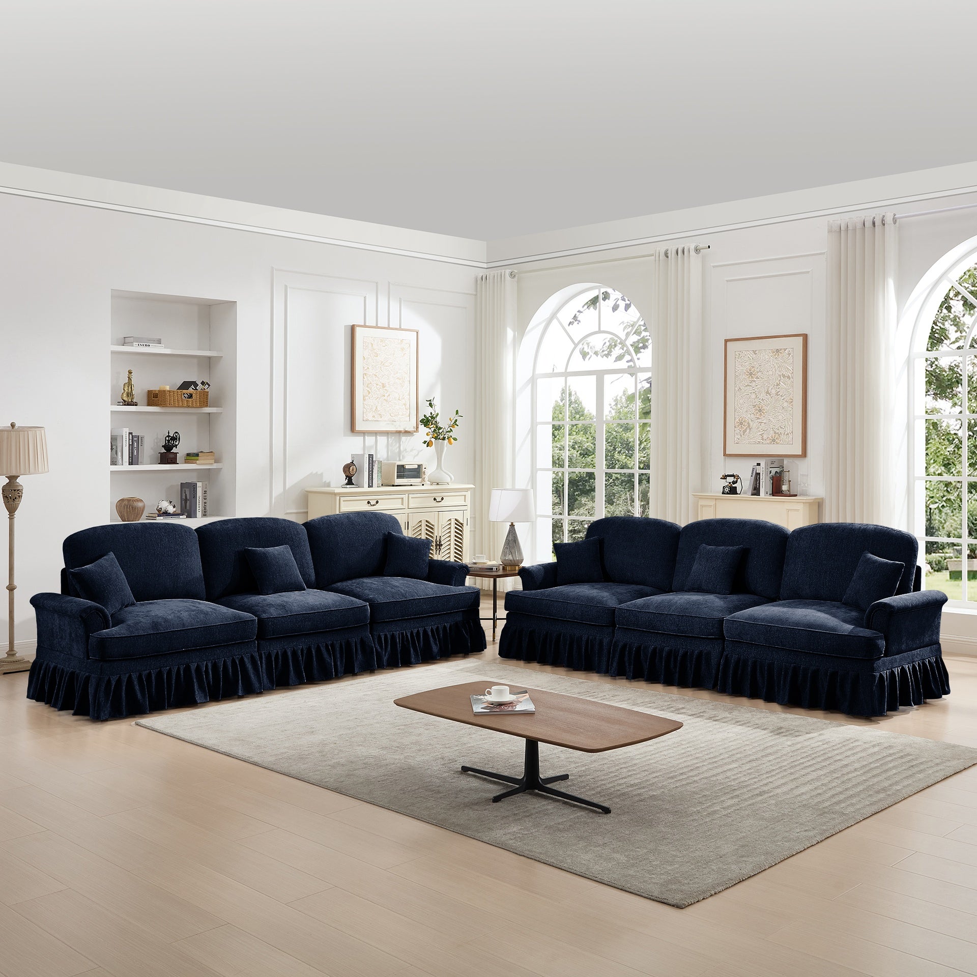 Classic Sleeper Sofa Couch with Flared Arms and Removable Ruffles Pleats Skirts and Spindle Legs, Comfy Modular Sectional Chenille Deep Seat Cloud Sofa Couch with 3 Movable Ottomans, Blue