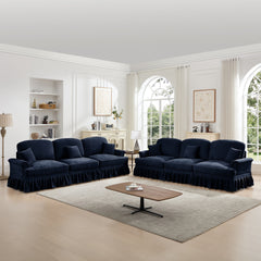 Classic Sleeper Sofa Couch with Flared Arms and Removable Ruffles Pleats Skirts and Spindle Legs, Comfy Modular Sectional Chenille Deep Seat Cloud Sofa Couch with 3 Movable Ottomans, Blue