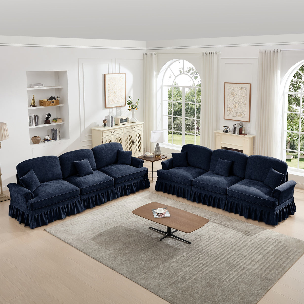 Classic Sleeper Sofa Couch with Flared Arms and Removable Ruffles Pleats Skirts and Spindle Legs, Comfy Modular Sectional Chenille Deep Seat Cloud Sofa Couch with 3 Movable Ottomans, Blue