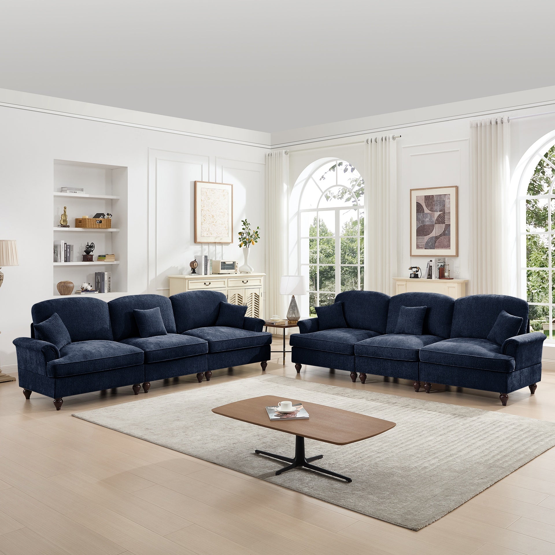 Classic Sleeper Sofa Couch with Flared Arms and Removable Ruffles Pleats Skirts and Spindle Legs, Comfy Modular Sectional Chenille Deep Seat Cloud Sofa Couch with 3 Movable Ottomans, Blue