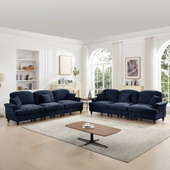 Classic Sleeper Sofa Couch with Flared Arms and Removable Ruffles Pleats Skirts and Spindle Legs, Comfy Modular Sectional Chenille Deep Seat Cloud Sofa Couch with 3 Movable Ottomans, Blue