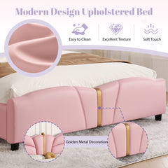 Full Size Upholstered PU Leather Bed Frame, with Butterfly Shaped Headboard and Footboard, Platform Bed Frame with Gold Metal decorations, No Box Spring Needed, Light Pink