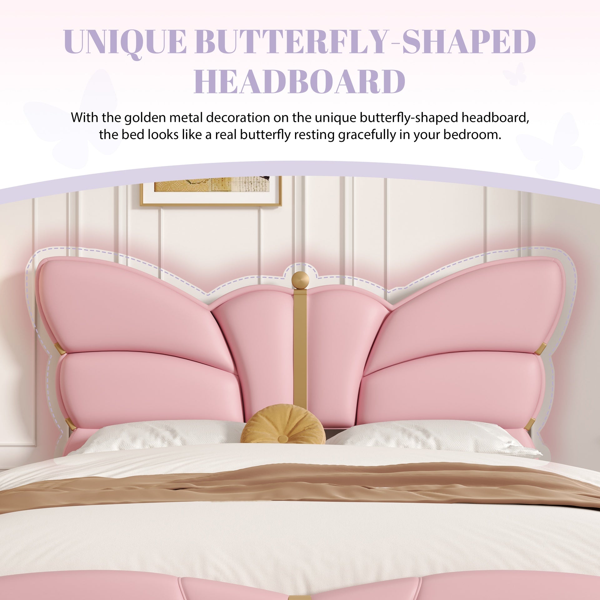 Full Size Upholstered PU Leather Bed Frame, with Butterfly Shaped Headboard and Footboard, Platform Bed Frame with Gold Metal decorations, No Box Spring Needed, Light Pink
