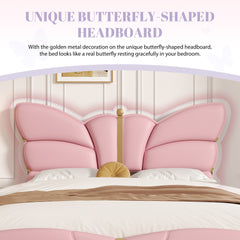 Full Size Upholstered PU Leather Bed Frame, with Butterfly Shaped Headboard and Footboard, Platform Bed Frame with Gold Metal decorations, No Box Spring Needed, Light Pink