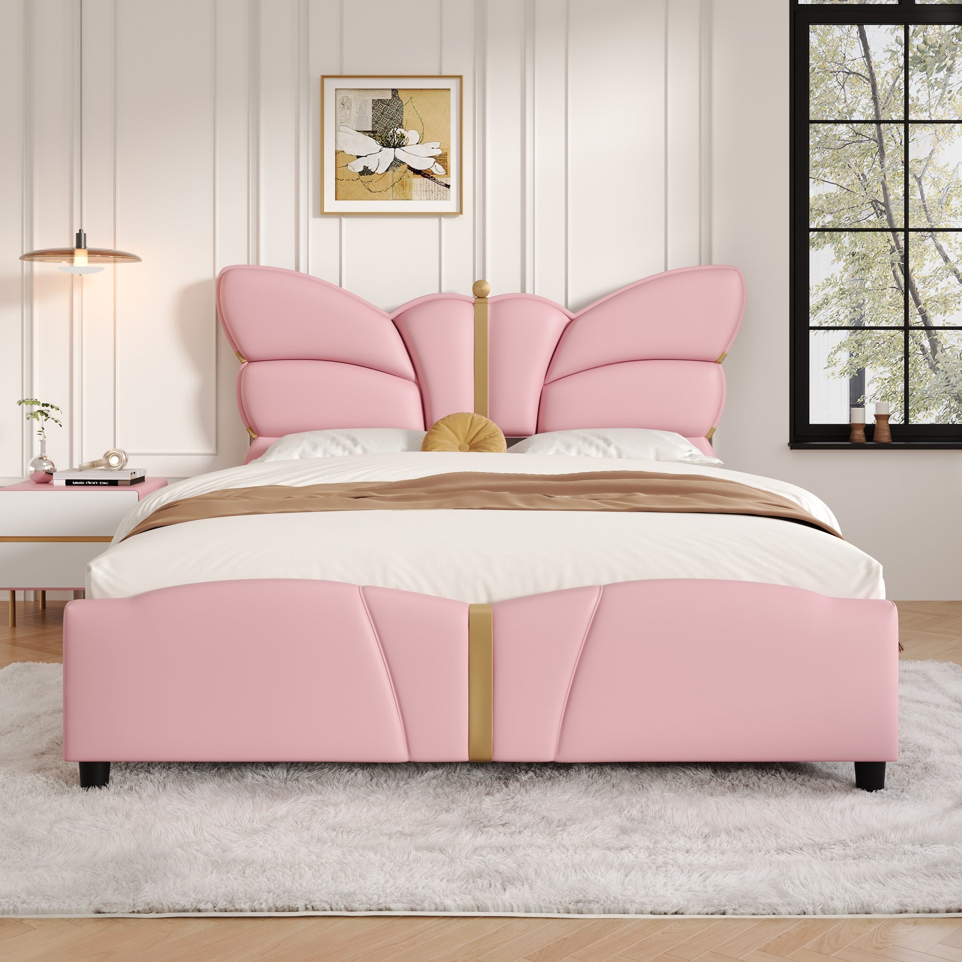 Full Size Upholstered PU Leather Bed Frame, with Butterfly Shaped Headboard and Footboard, Platform Bed Frame with Gold Metal decorations, No Box Spring Needed, Light Pink