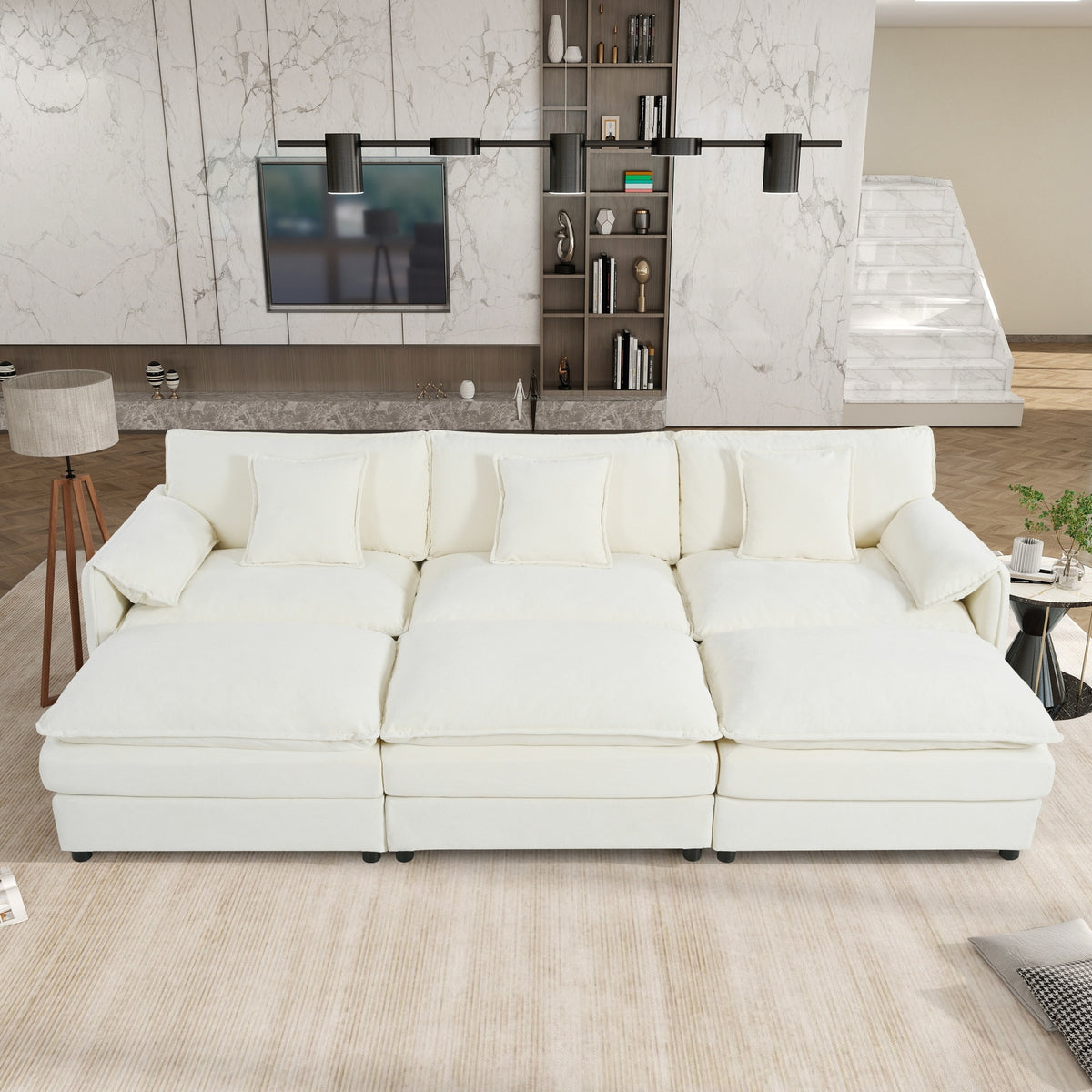 Oversized Deep Seat Sectional Cloud Sofa Sleeper with 3 Ottomans & Soft Pillows, Modular Couch Bed for Living Room, Apartment, DIY Combination Chenille,Beige