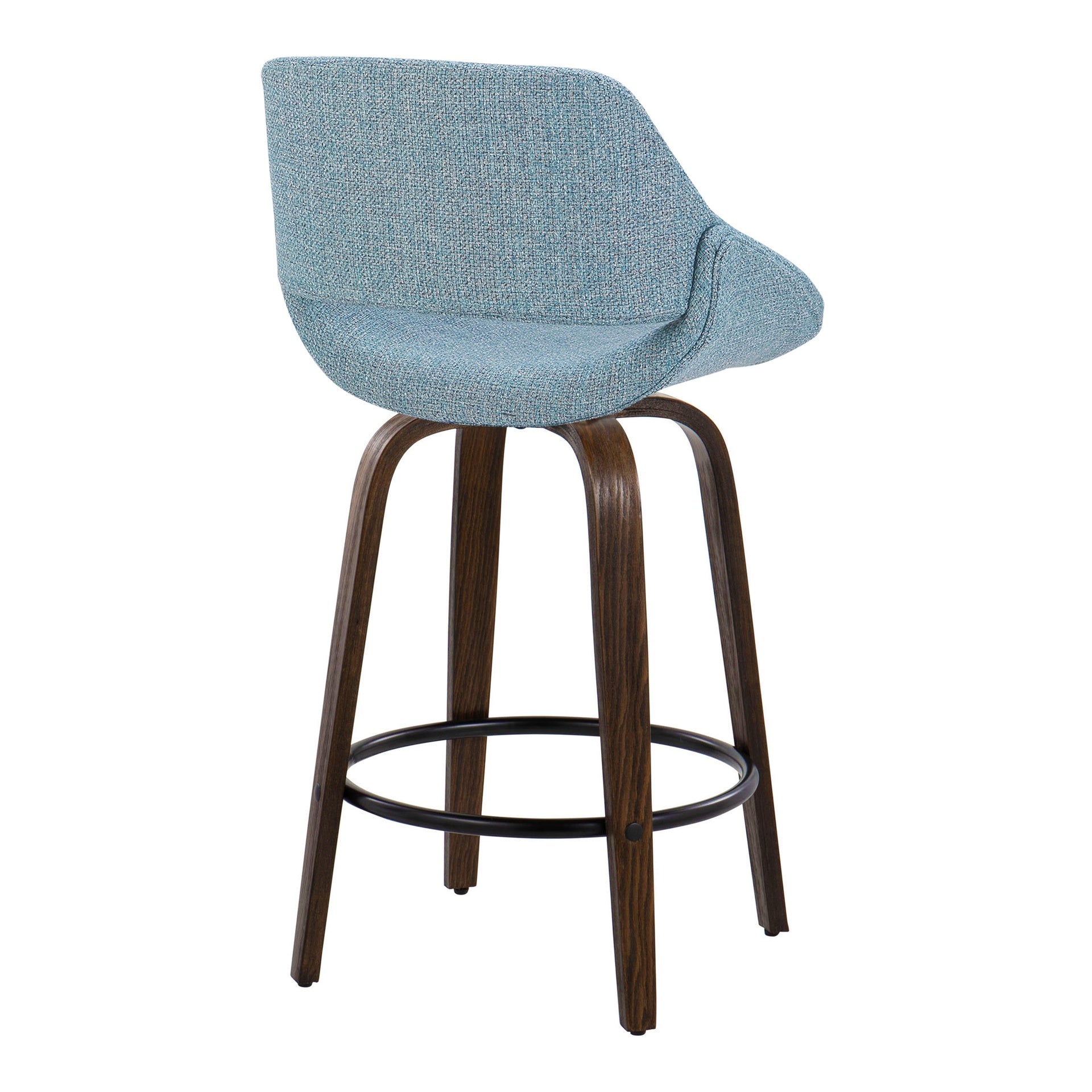Fabrico 26" Mid-Century Modern Fixed-Height Counter Stool in Walnut Glazed Wood and Blue Noise Fabric with Round Black Metal Footrest by LumiSource - Set of 2