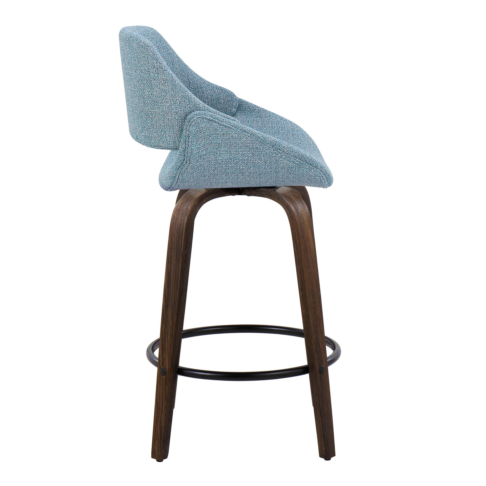 Fabrico 26" Mid-Century Modern Fixed-Height Counter Stool in Walnut Glazed Wood and Blue Noise Fabric with Round Black Metal Footrest by LumiSource - Set of 2