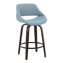 Fabrico 26" Mid-Century Modern Fixed-Height Counter Stool in Walnut Glazed Wood and Blue Noise Fabric with Round Black Metal Footrest by LumiSource - Set of 2