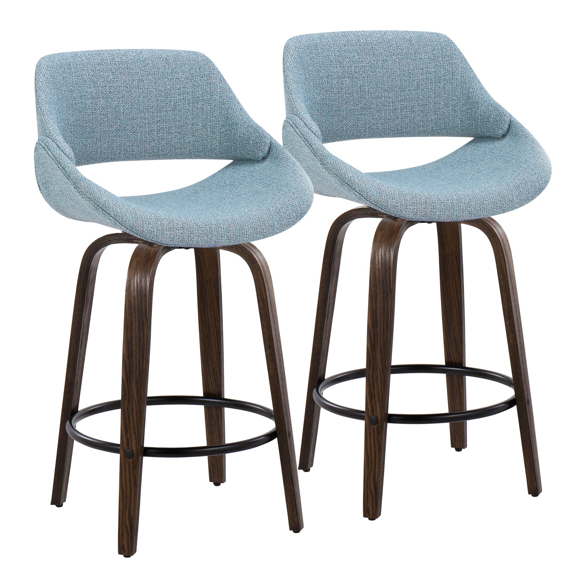 Fabrico 26" Mid-Century Modern Fixed-Height Counter Stool in Walnut Glazed Wood and Blue Noise Fabric with Round Black Metal Footrest by LumiSource - Set of 2