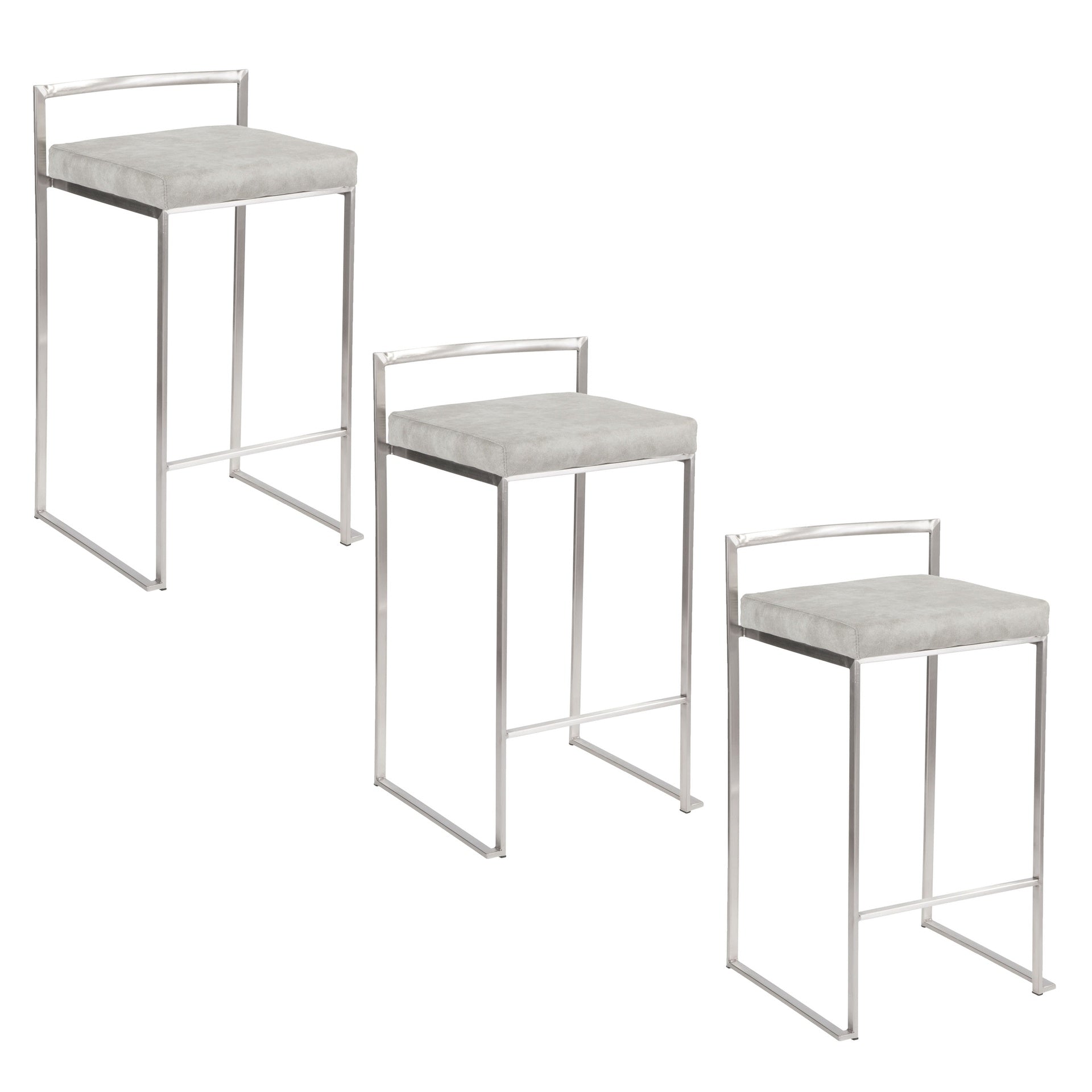 Fuji 26" Contemporary Stackable Counter Stool in Brushed Stainless Steel with Light Grey Cowboy Fabric Cushion by LumiSource - Set of 3