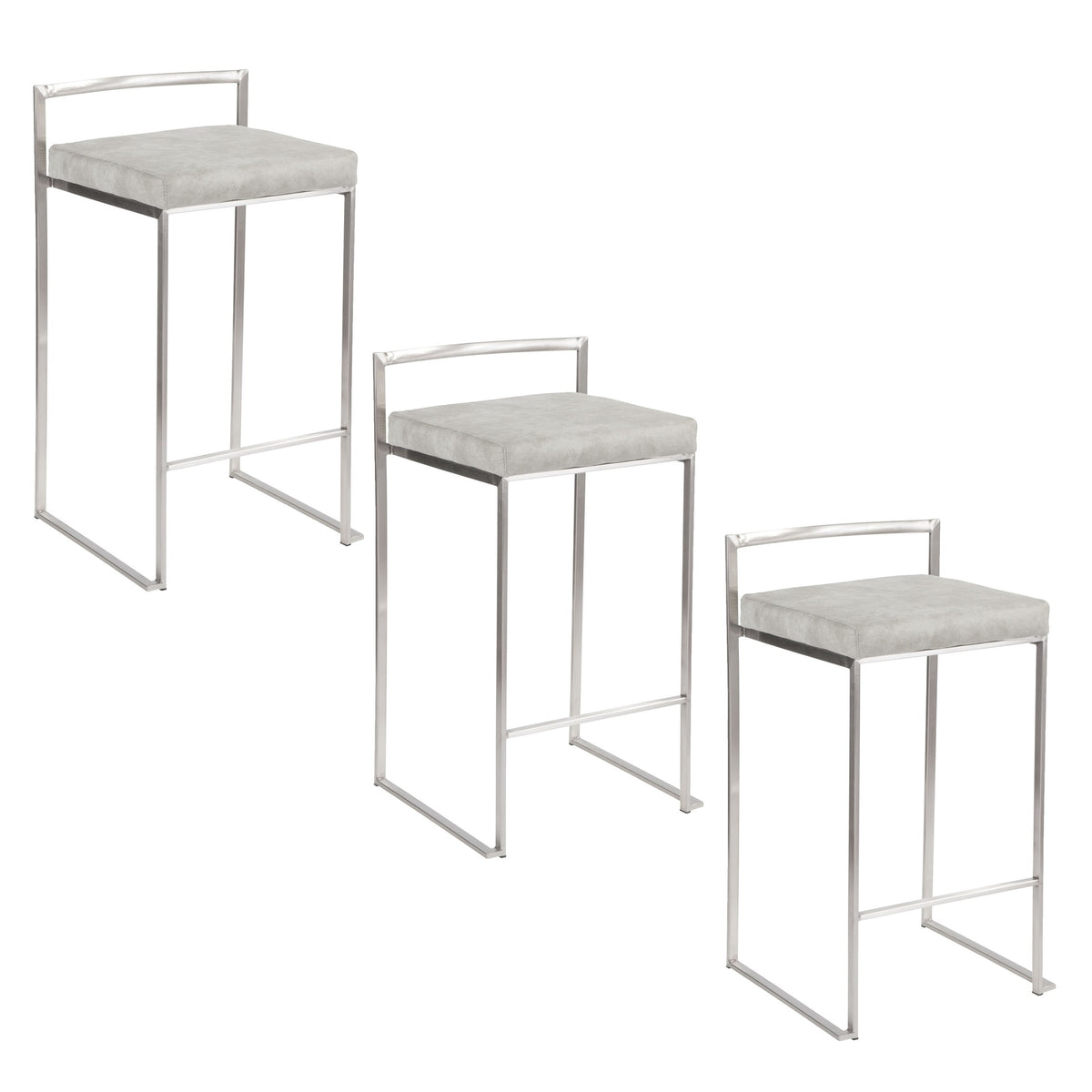 Fuji 26" Contemporary Stackable Counter Stool in Brushed Stainless Steel with Light Grey Cowboy Fabric Cushion by LumiSource - Set of 3