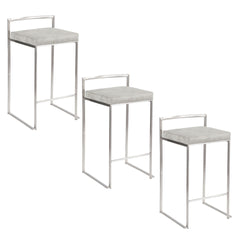 Fuji 26" Contemporary Stackable Counter Stool in Brushed Stainless Steel with Light Grey Cowboy Fabric Cushion by LumiSource - Set of 3