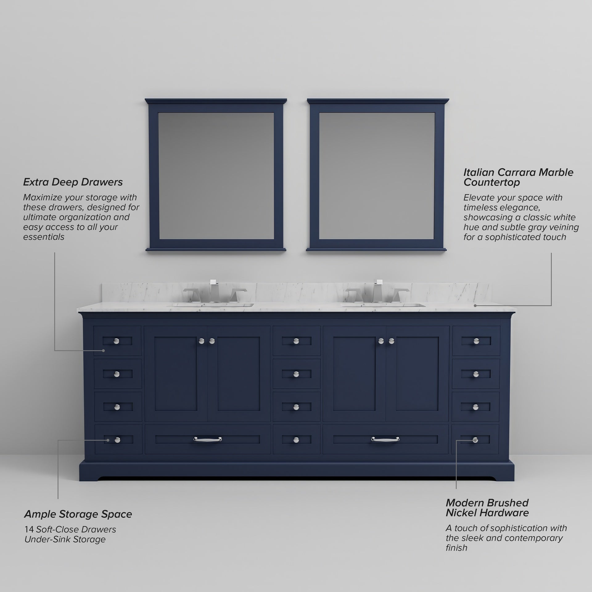 Navy Blue Double Bath Vanity 84 in. W x 22 in. D, and 34 in. Mirrors