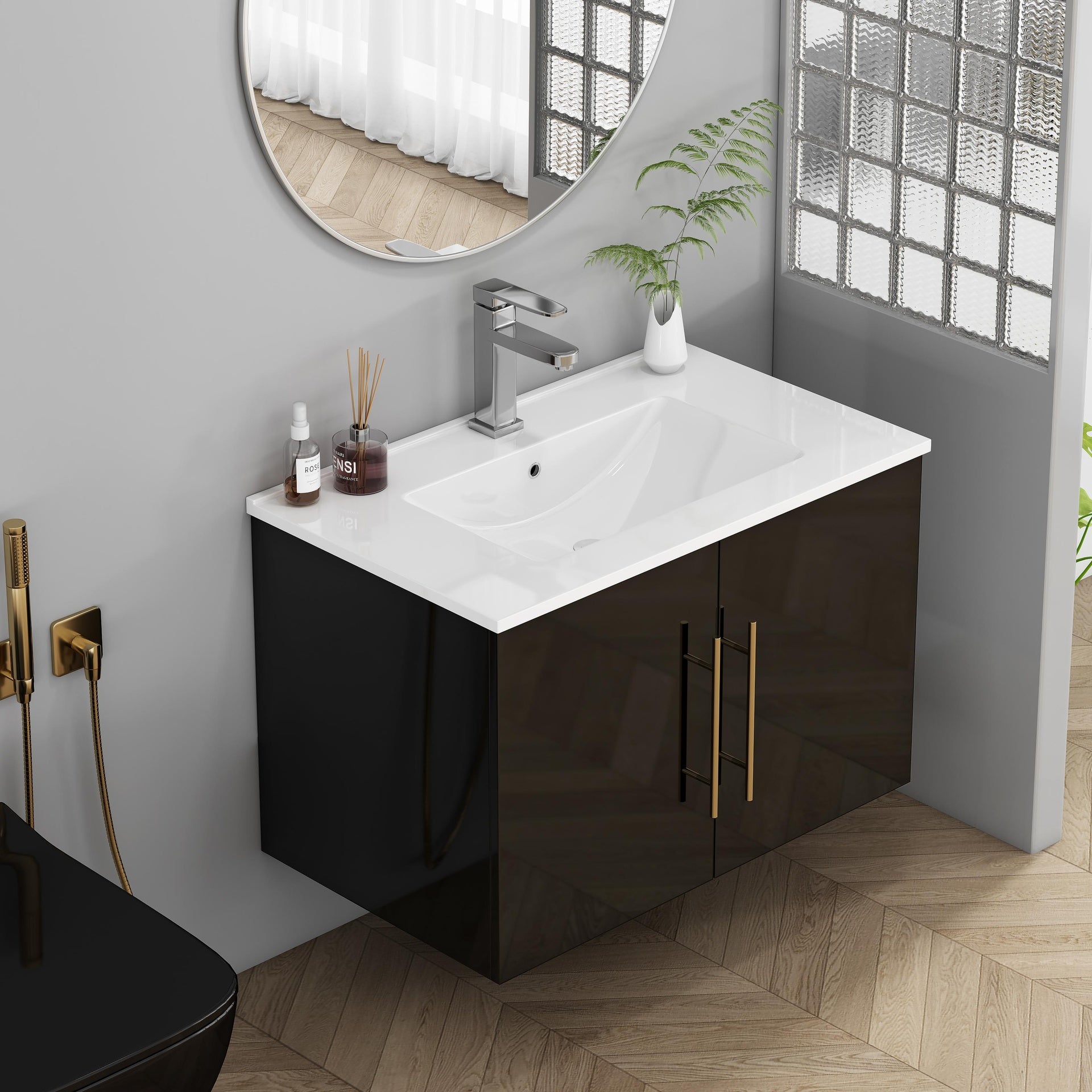 30-Inch Black Gloss Wall-Mounted Bathroom Vanity with Sink Combo,Double Doors, Soft-Close Hangers,Long Gold Metal Handle,Easy Installation,Ceramic Basin,Glossy Black
