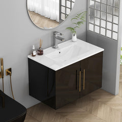 30-Inch Black Gloss Wall-Mounted Bathroom Vanity with Sink Combo,Double Doors, Soft-Close Hangers,Long Gold Metal Handle,Easy Installation,Ceramic Basin,Glossy Black