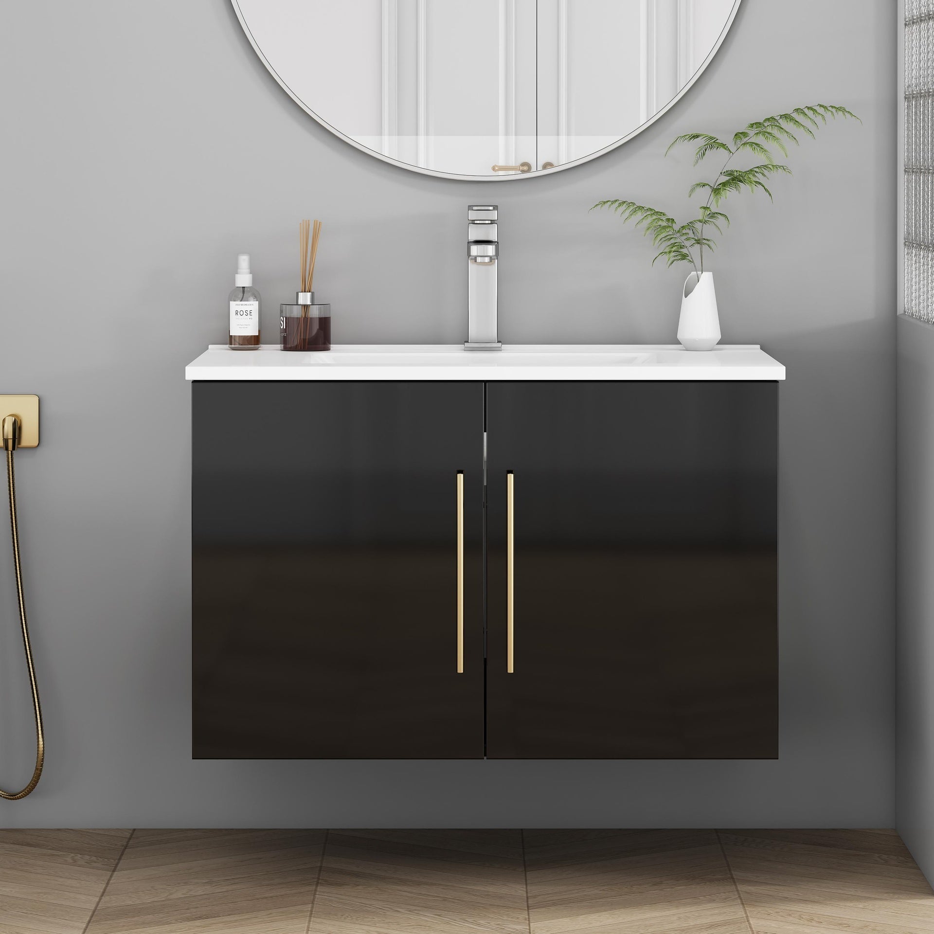30-Inch Black Gloss Wall-Mounted Bathroom Vanity with Sink Combo,Double Doors, Soft-Close Hangers,Long Gold Metal Handle,Easy Installation,Ceramic Basin,Glossy Black