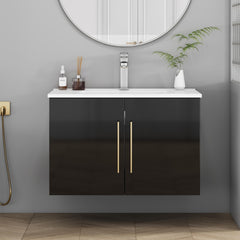 30-Inch Black Gloss Wall-Mounted Bathroom Vanity with Sink Combo,Double Doors, Soft-Close Hangers,Long Gold Metal Handle,Easy Installation,Ceramic Basin,Glossy Black