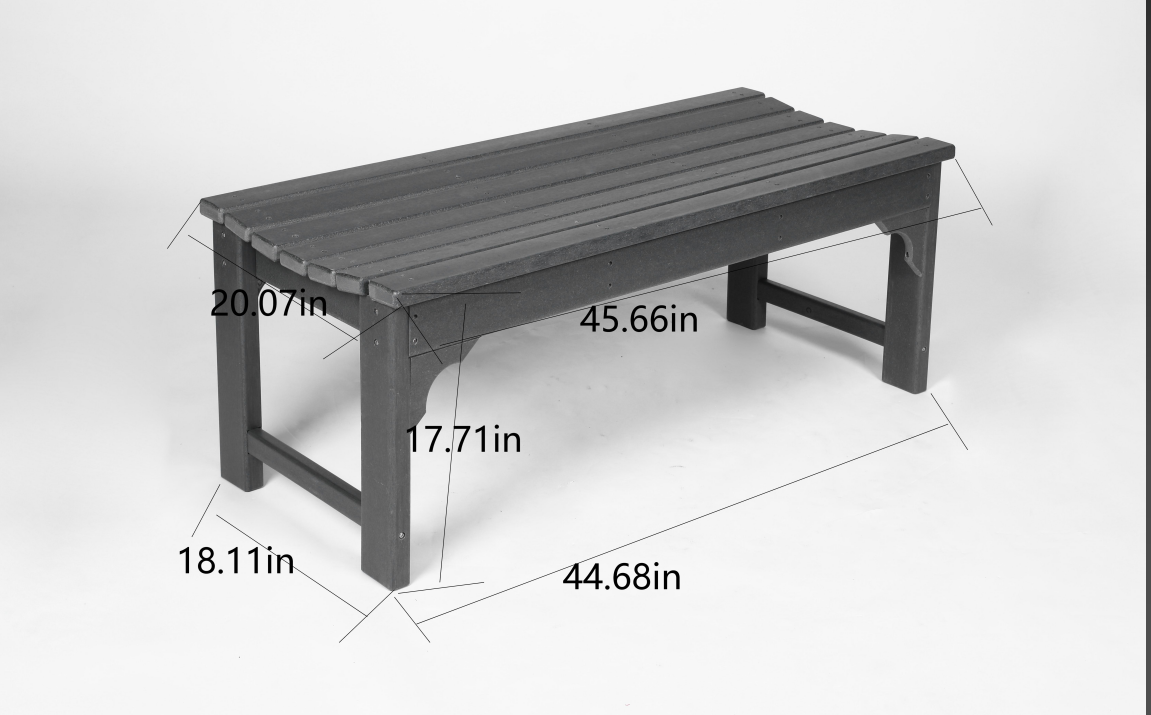 Backless HDPE Adirondack Bench with Wood Texture, Poly Lumber Seat for Patio, Backyard, Balcony, All Weather Resistant with UV Protection, Gray