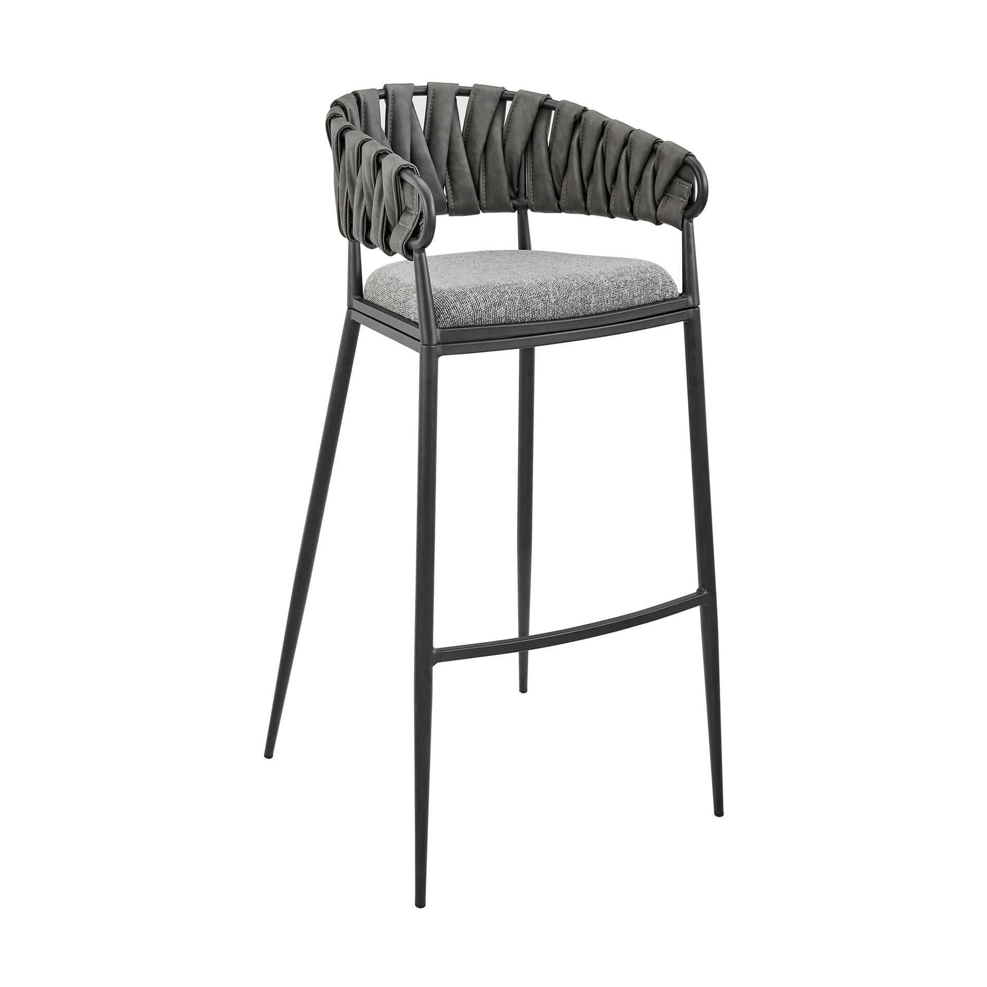 Zaren 30" Bar Stool in Black Metal with Gray Fabric and Faux Leather