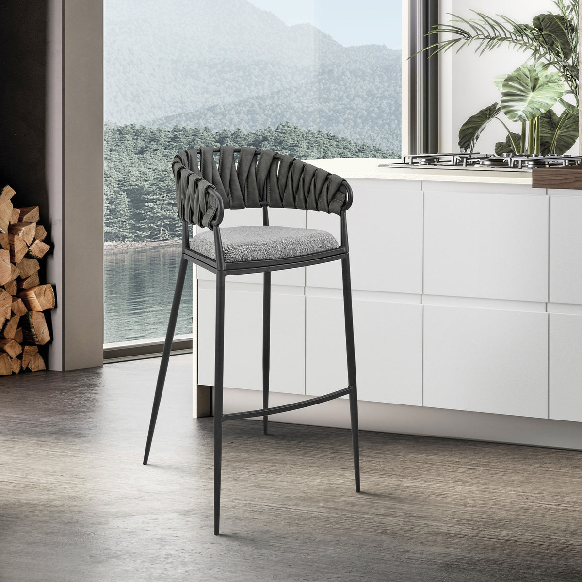Zaren 30" Bar Stool in Black Metal with Gray Fabric and Faux Leather