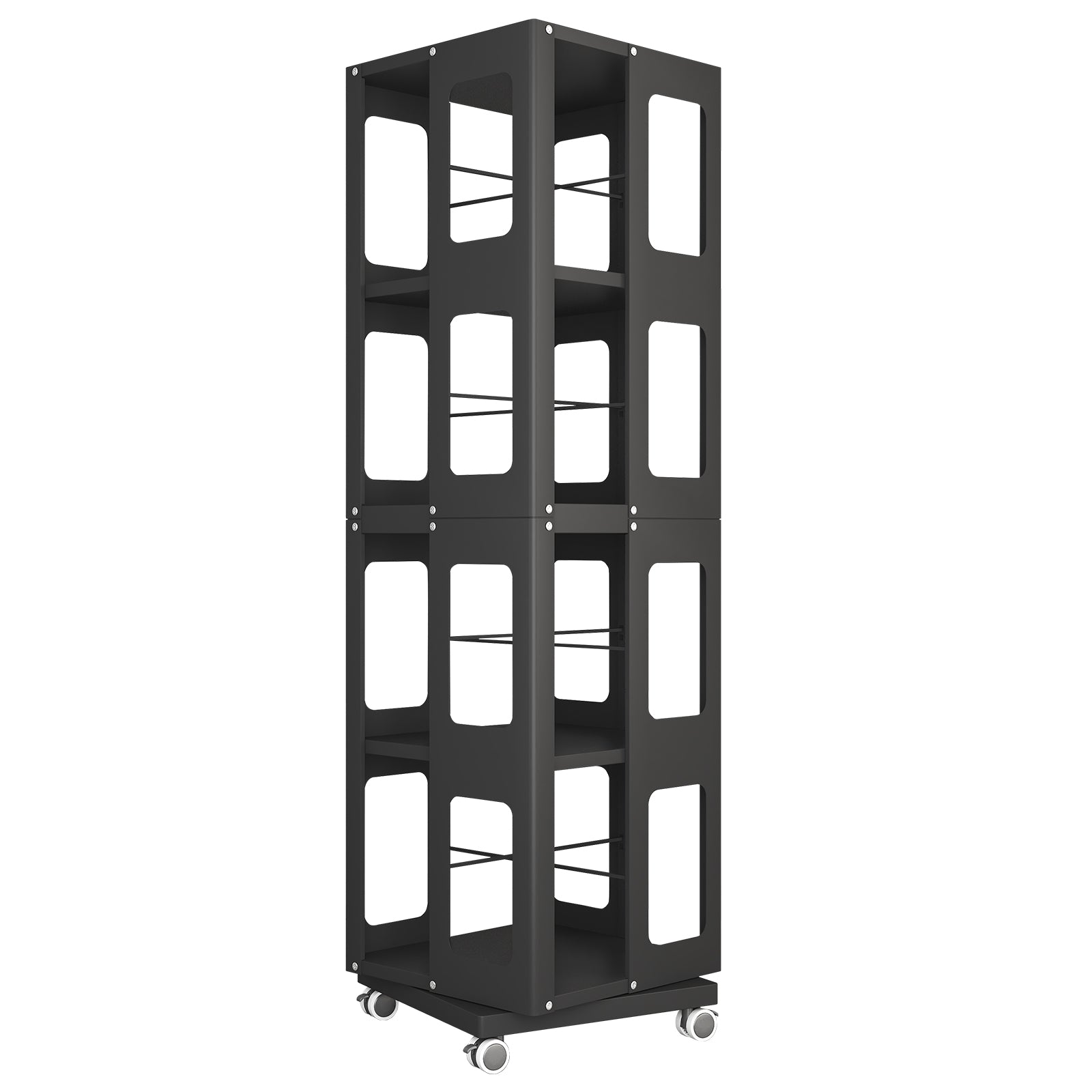 4-Tier All-Steel Rotating Bookshelf with 360° Wheels, Large Size Sturdy & Spacious Book Rack, New Style Black Bookshelf,Easy Assembly