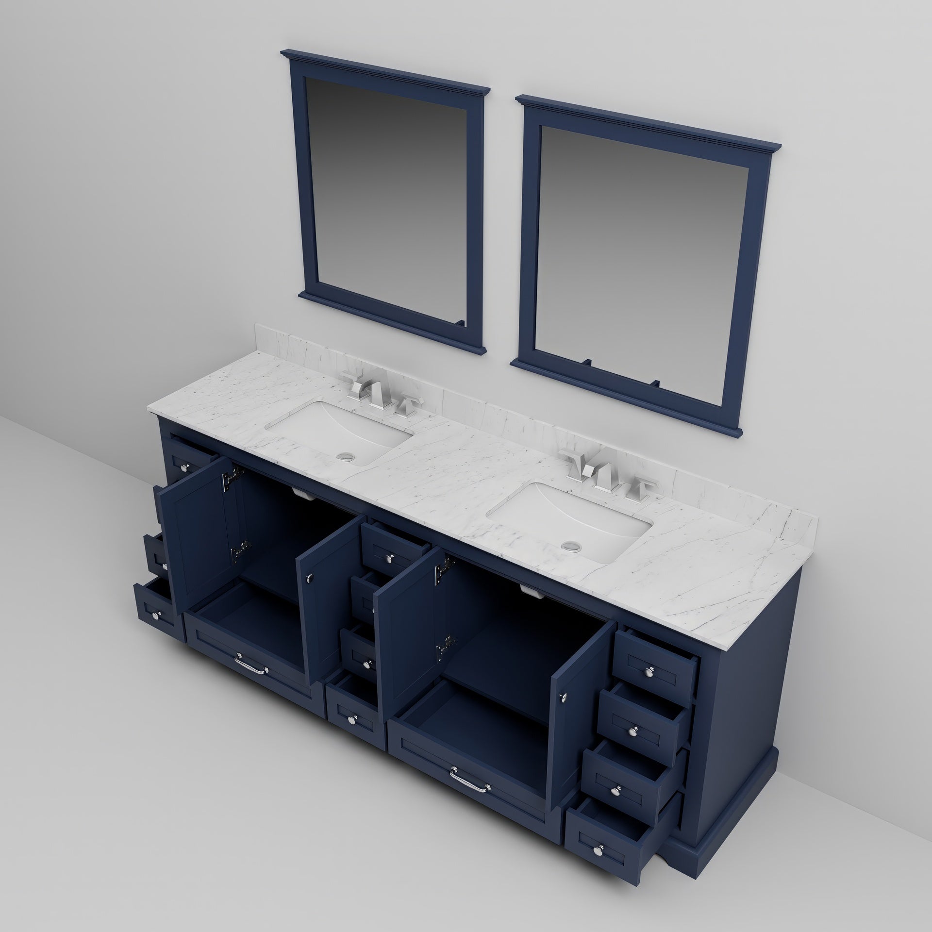Navy Blue Double Bath Vanity 84 in. W x 22 in. D, Carrara Marble Top, Faucet Set, and 34 in. Mirrors