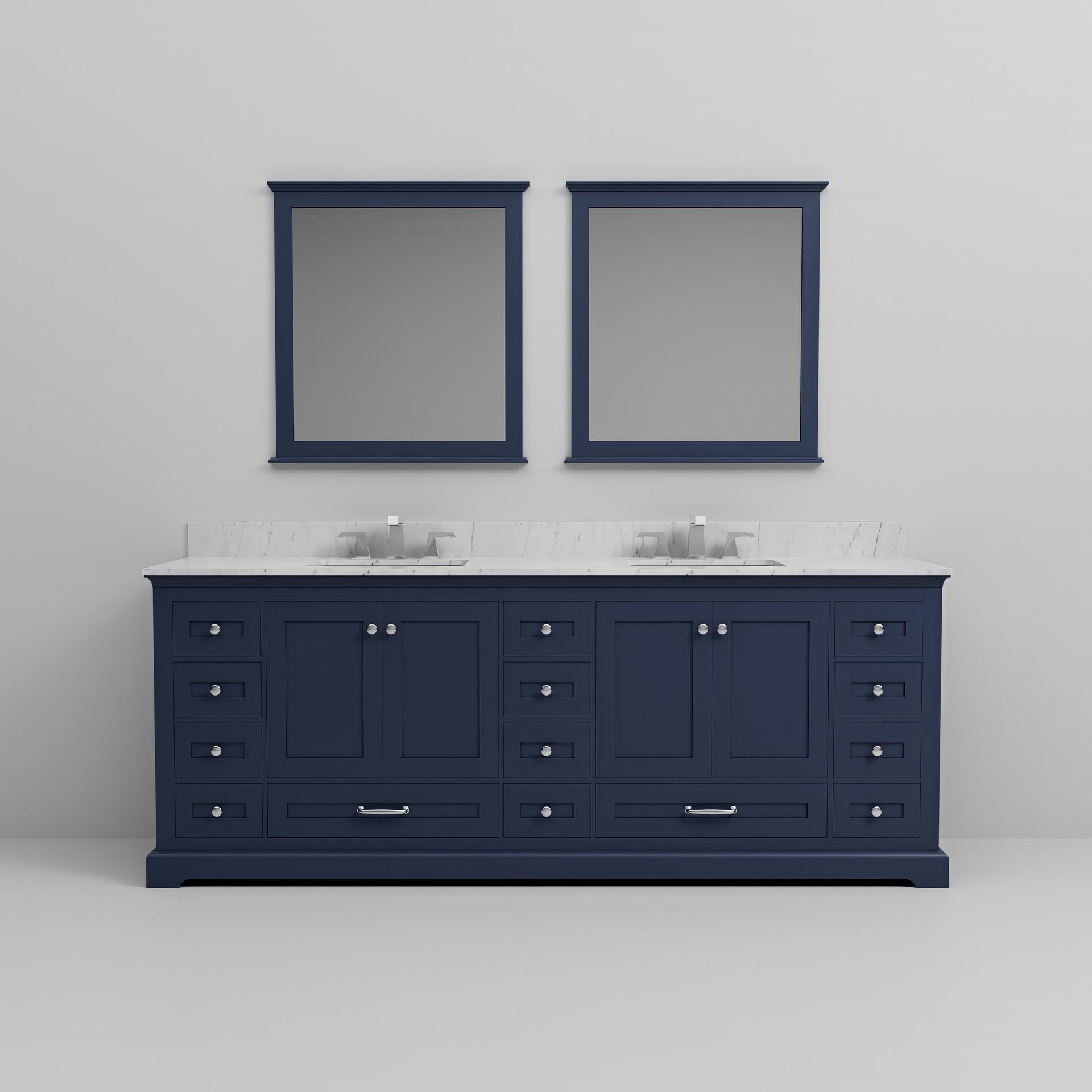 Navy Blue Double Bath Vanity 84 in. W x 22 in. D, Carrara Marble Top, Faucet Set, and 34 in. Mirrors